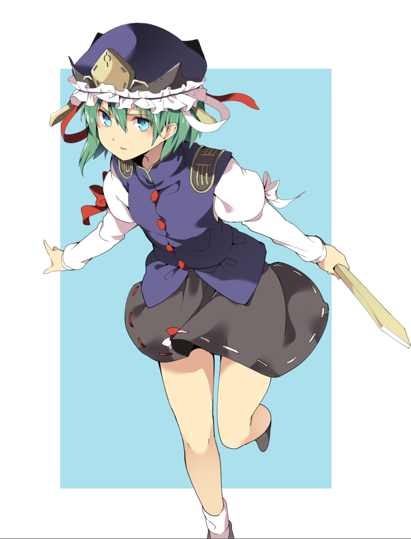 1girl asymmetrical_hair black_skirt blue_eyes blue_vest blush commentary green_hair hair_between_eyes hasebe_yuusaku hat juliet_sleeves leg_up long_sleeves looking_at_viewer parted_lips puffy_sleeves rod_of_remorse serious shiki_eiki short_hair skirt socks solo touhou vest white_legwear