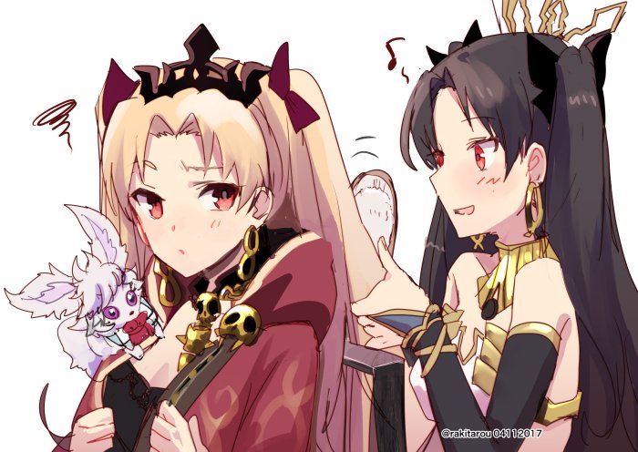 2girls animal bare_shoulders black_hair blonde_hair blush cape crown dated earrings ereshkigal_(fate/grand_order) fate/grand_order fate_(series) fou_(fate/grand_order) hair_ribbon hoop_earrings image_sample ishtar_(fate/grand_order) jewelry long_hair multiple_girls note open_mouth raki_(kuroe) red_cape red_eyes red_ribbon ribbon signature simple_background tiara tohsaka_rin toosaka_rin twintails white_background