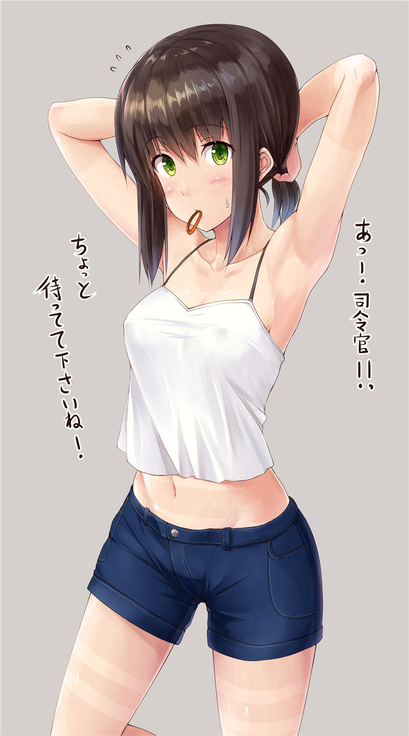 1girl armpits arms_behind_head bangs belly_peek black_hair blue_shorts blush breasts camisole casual collarbone denim denim_shorts erect_nipples eyebrows_visible_through_hair fubuki_(kantai_collection) green_eyes grey_background hair_tie hands_in_hair highres ichikawa_feesu kantai_collection looking_at_viewer midriff mouth_hold navel no_bra pocket ponytail short_shorts shorts simple_background small_breasts solo sweatdrop tan tanline tying_hair