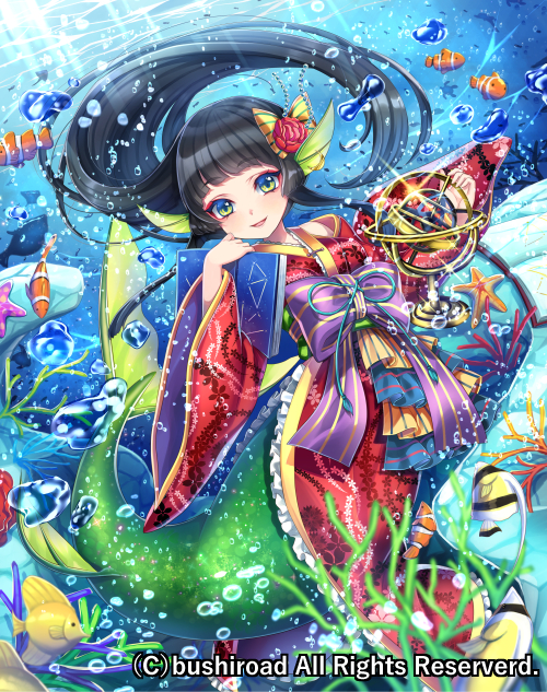 1girl black_hair book bow bubble cardfight!!_vanguard company_name coral fish flower green_eyes hair_flower hair_ornament hanasaki_mahiru head_fins japanese_clothes long_hair mermaid monster_girl official_art solo underwater voice_of_fate_kasumi