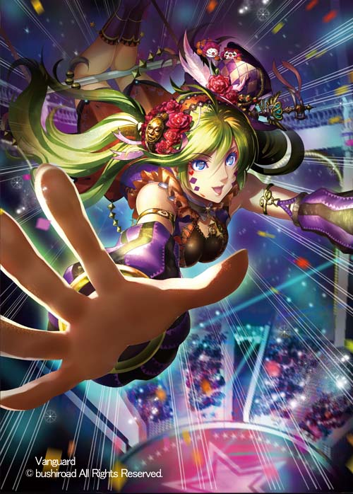 1girl blue_eyes breasts cardfight!!_vanguard cleavage company_name dancing_princess_of_the_night_sky facial_tattoo feathers flower green_hair hair_flower hair_ornament hairband hat long_hair momose_hisashi official_art open_mouth solo sparkle star tattoo twintails