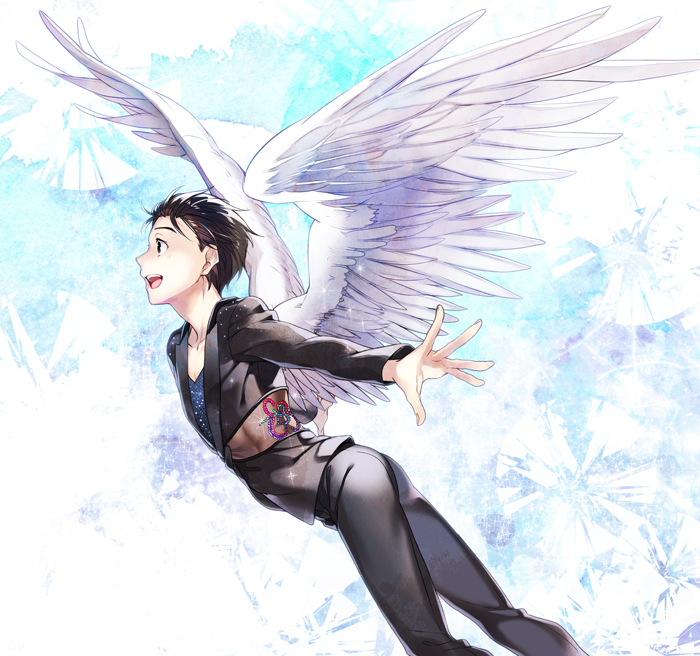 1boy black_hair brown_eyes hair_slicked_back katsuki_yuuri kuroemon male_focus open_mouth profile smile sparkle wings yuri!!!_on_ice