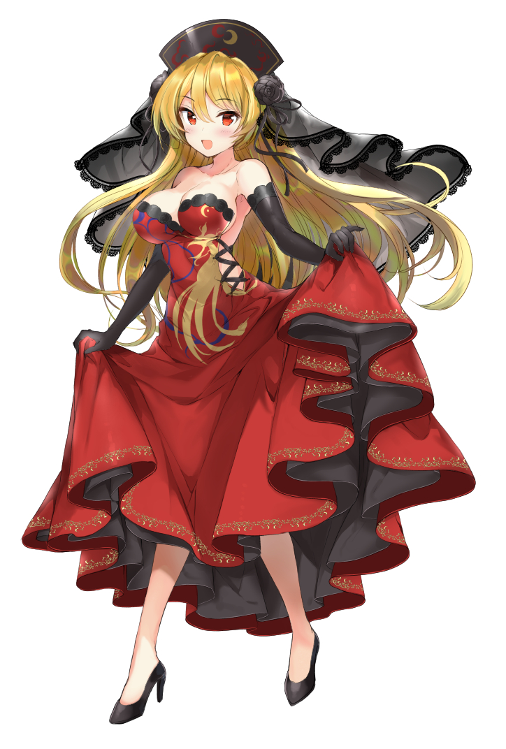 1girl :d alternate_costume bare_legs black_gloves blonde_hair blush breasts cleavage crescent dress elbow_gloves full_body gloves hayama_eishi high_heels junko_(touhou) lace_trim large_breasts long_hair looking_at_viewer open_mouth pumps red_dress red_eyes simple_background smile solo strapless strapless_dress touhou white_background