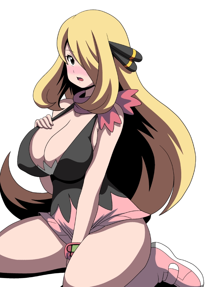 1girl bare_shoulders beanie between_legs blonde_hair blue_eyes blush boots breasts cleavage cosplay curvy hair_ornament hair_over_one_eye hand_between_legs hat hikari_(pokemon) hikari_(pokemon)_(cosplay) koutarosu large_breasts long_hair looking_at_viewer miniskirt open_mouth pink_boots pink_scarf pink_skirt plump pokemon pokemon_(game) pokemon_dppt poketch scarf shirona_(pokemon) sitting skirt sleeveless solo thighs watch watch white_background