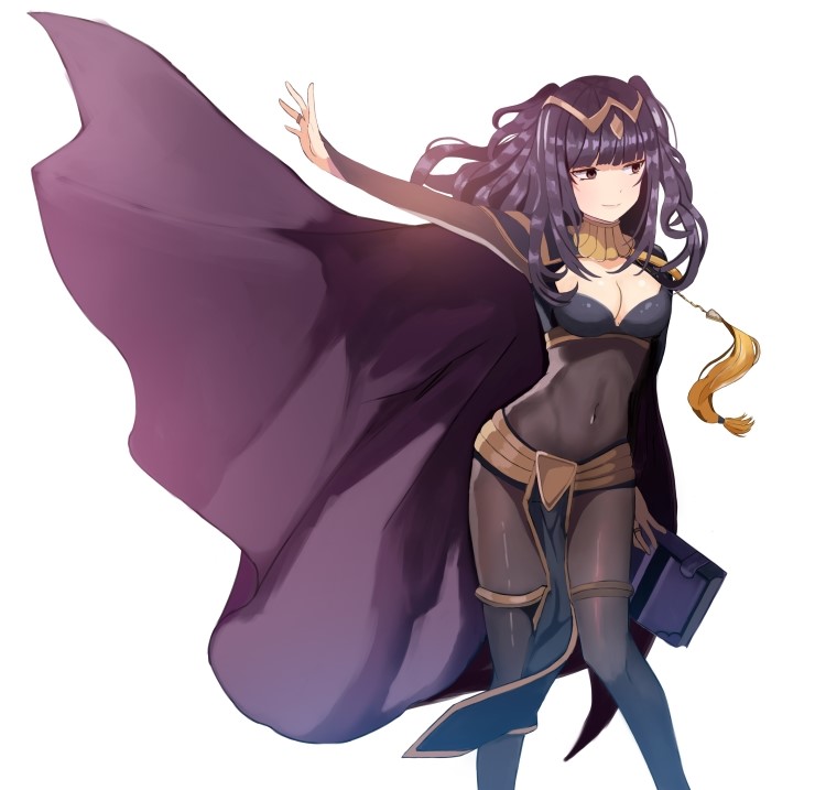 1girl bangs black_hair bodysuit book bracelet breasts bridal_gauntlets cape chovy_(arina0908) cleavage fire_emblem fire_emblem:_kakusei jewelry large_breasts long_hair smile solo tharja tiara two_side_up violet_eyes