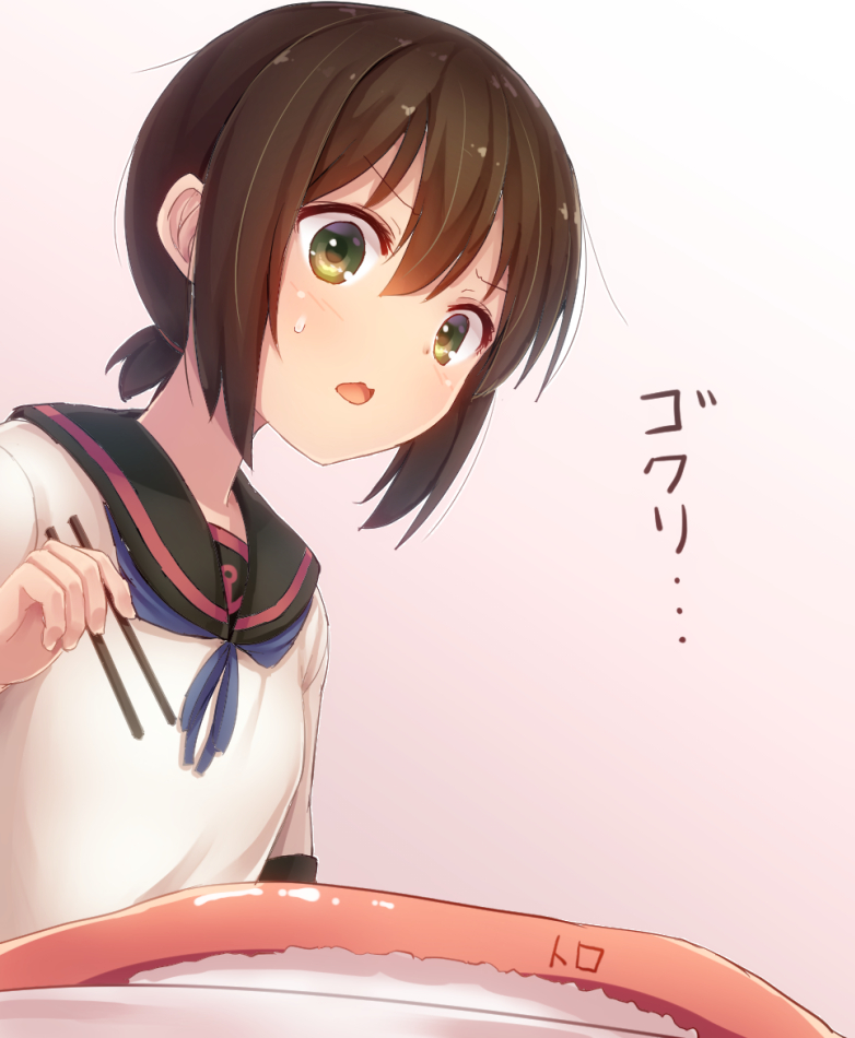 1girl black_hair black_sailor_collar blue_ribbon brown_hair chopsticks food fubuki_(kantai_collection) green_eyes hair_between_eyes holding_chopsticks kantai_collection low_ponytail minarai_shachou pink_background ponytail remodel_(kantai_collection) ribbon rice sailor_collar school_uniform serafuku short_hair short_ponytail short_sleeves sidelocks solo sushi translated upper_body