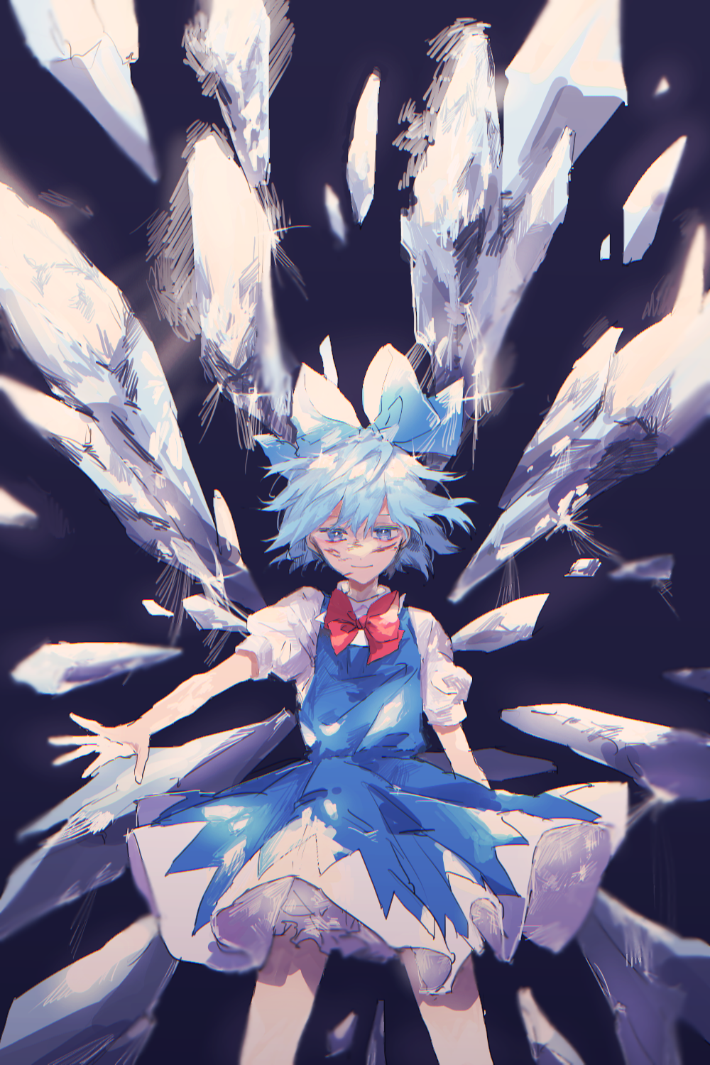 1girl bangs bloomers blue_bow blue_dress blue_eyes blue_hair blue_vest bow bowtie cirno closed_mouth commentary_request cowboy_shot dress dress_shirt from_side hair_between_eyes hair_bow hair_ornament hand_up highres ice ice_wings injury isshin_(kaxz) legs_apart light_smile looking_at_viewer red_bow red_bowtie ribbon shirt short_hair short_sleeves skirt skirt_set smile solo standing touhou underwear vest wings
