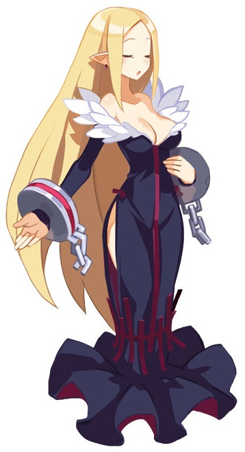 1girl bare_shoulders black_dress blonde_hair breasts closed_eyes cuffs disgaea dress full_body fur_trim handcuffs harada_takehito healer_(disgaea) long_hair medium_breasts official_art open_mouth pointy_ears side_slit solo standing