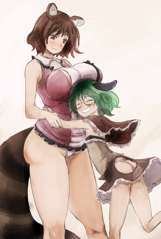 2girls animal_ears ass ass_cutout bad_proportions bare_arms bare_legs bare_shoulders breasts brown_eyes brown_hair bursting_breasts capelet closed_eyes cosplay costume_switch dress fundoshi futatsuiwa_mamizou futatsuiwa_mamizou_(cosplay) glasses glasses_switch green_hair grin hug japanese_clothes kasodani_kyouko kasodani_kyouko_(cosplay) large_breasts microdress miniskirt multiple_girls plump raccoon_ears raccoon_tail revealing_clothes skirt sleeveless sleeveless_dress smile tail touhou undersized_clothes yohane