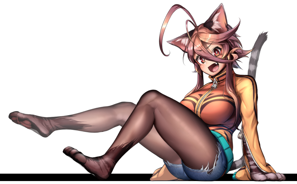 1girl ahoge animal_ears breasts brown_hair cat_ears cat_tail fang large_breasts long_hair looking_at_viewer open_mouth original paws red_eyes shorts simple_background sitting solo tail yagatake_arashi yana_(nekoarashi)