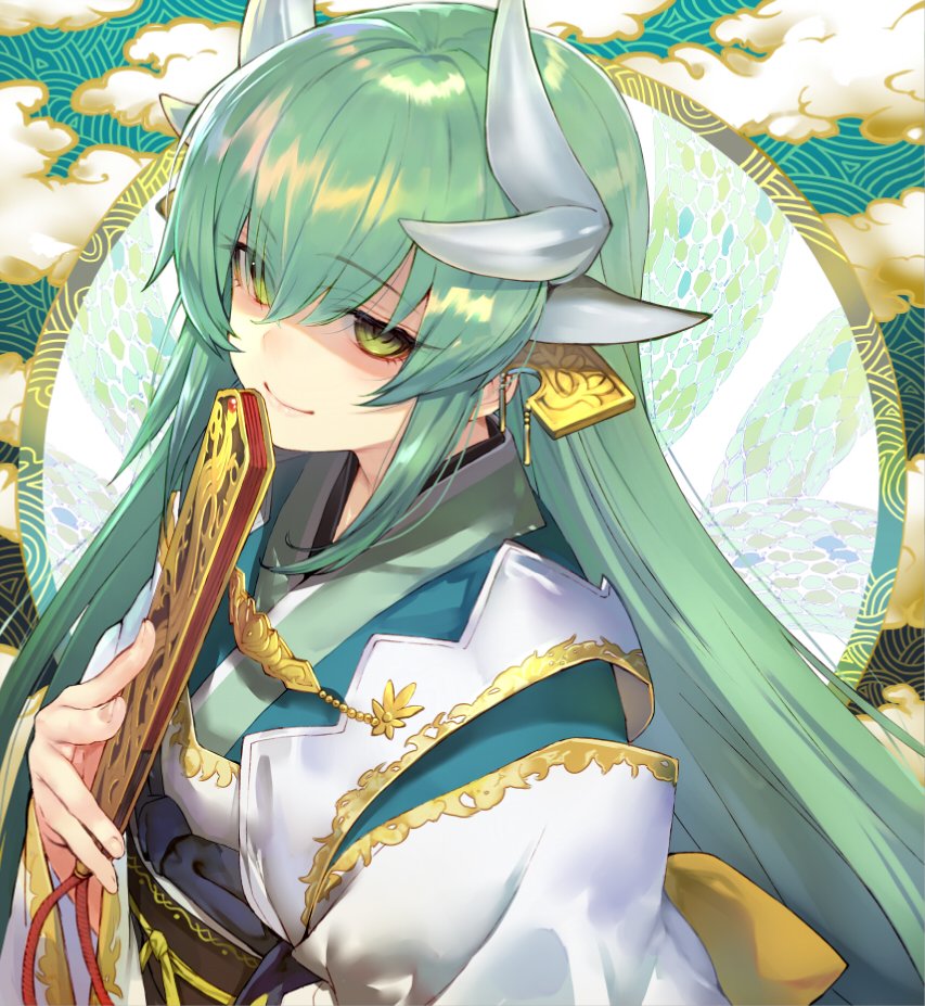 1girl fan fate/grand_order fate_(series) folding_fan green_hair hair_ornament horns kiyohime_(fate/grand_order) robe shirabi_(life-is-free) solo yellow_eyes