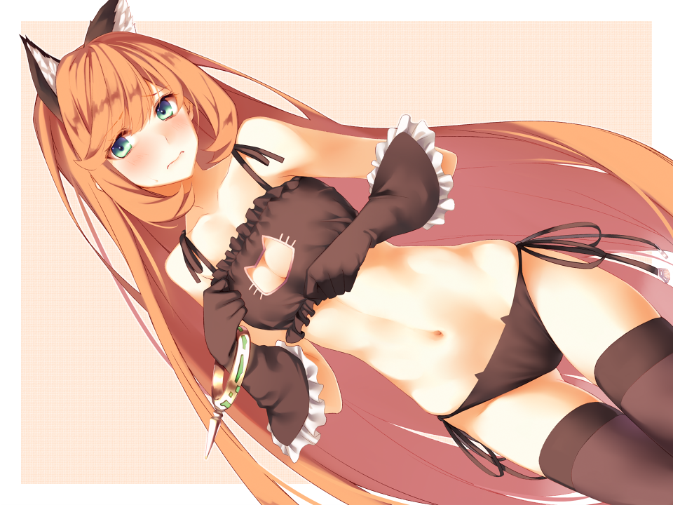 1girl 3: alternate_hairstyle bangle black_bra black_gloves black_legwear black_panties blush bra bracelet breasts brown_hair cat_cutout cat_cutout_panties cat_lingerie clarisse_(granblue_fantasy) cleavage cleavage_cutout dutch_angle embarrassed eyebrows_visible_through_hair frill_trim frown gloves gluteal_fold granblue_fantasy green_eyes hair_down jewelry long_hair medium_breasts meme_attire navel panties shiren_(monochrome_structure) side-tie_panties solo sweatdrop thigh-highs underwear very_long_hair