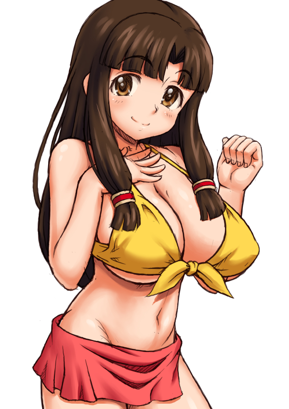 1girl bikini blush breasts brown_eyes brown_hair cleavage kasanui large_breasts long_hair looking_at_viewer navel saaya_(suisei_no_gargantia) smile suisei_no_gargantia swimsuit