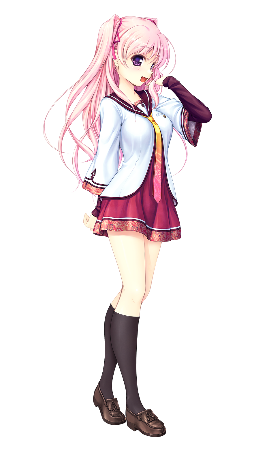 1girl bangs bekkankou black_legwear blush breasts detached_sleeves dress eyebrows_visible_through_hair full_body highres long_hair looking_at_viewer medium_breasts miyaguni_akari official_art open_mouth pink_hair school_uniform sen_no_hatou_tsukisome_no_kouki shoes short_dress smile solo standing transparent_background violet_eyes