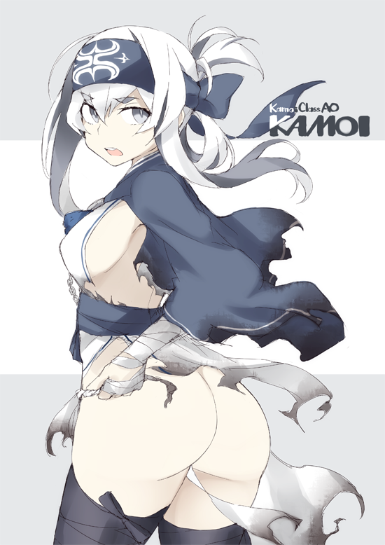 1girl ainu_clothes ass between_breasts black_legwear breasts chains character_name cowboy_shot detached_sleeves eyebrows_visible_through_hair folded_hair from_behind fundoshi grey_eyes hair_between_eyes headband japanese_clothes kamoi_(kantai_collection) kantai_collection medium_breasts open_mouth robe sideboob sidelocks simple_background solo souji thick_eyebrows thigh-highs torn_clothes white_hair