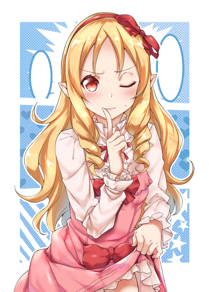 1girl blonde_hair blush bow dress dress_lift eromanga_sensei finger_to_mouth frilled_dress frills hair_bow hair_ornament hairband lifted_by_self long_hair looking_at_viewer mushi024 one_eye_closed pointy_ears red_bow red_eyes red_hair_bow red_hairband solo standing yamada_elf