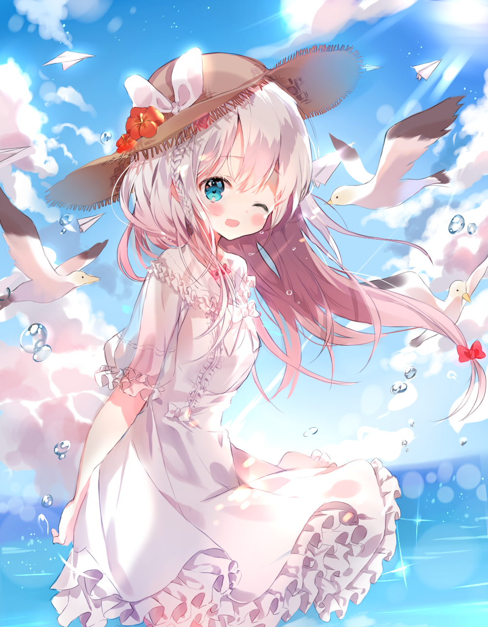1girl ;d arm_behind_back bangs bird blue_eyes blush bow braid clouds cloudy_sky commentary_request dohj00 dress droplet eromanga_sensei flower frilled_dress frilled_sleeves frills fringe hat hat_bow hat_flower highres izumi_sagiri light_rays long_hair looking_at_viewer ocean one_eye_closed open_mouth paper_airplane seagull side_braid silver_hair sky smile solo sparkle sun_hat sunbeam sundress sunlight transparent_sleeves white_dress