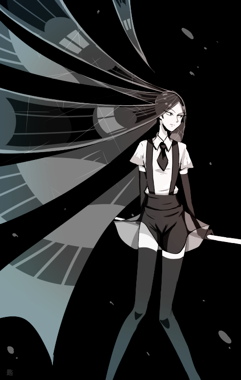 absurdly_long_hair androgynous black_gloves black_hair black_legwear bort elbow_gloves gloves houseki_no_kuni katana long_hair necktie solo sparkle sword thigh-highs very_long_hair weapon