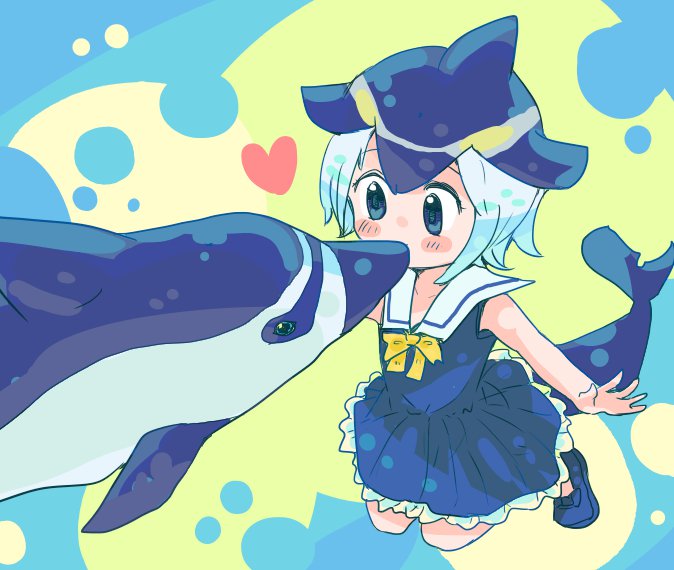 1girl abstract_background animal bare_arms blonde_hair blue_dress blue_eyes blue_footwear blue_hair blue_ribbon blue_shoes blush_stickers collarbone collared_dress common_dolphin_(kemono_friends) dolphin dolphin_tail dress eye_contact eyelashes fins frilled_dress frills full_body heart kemono_friends kiss looking_at_another multicolored multicolored_background multicolored_hair neck_ribbon outstretched_arms pleated_dress ribbon rureko_(torimura) sailor_collar sailor_dress shoe_ribbon shoes short_hair sleeveless sleeveless_dress smile submerged tail tareme yellow_ribbon