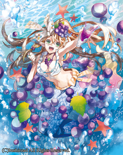 1girl alcohol bow breasts brown_hair bubble cardfight!!_vanguard cleavage company_name cup drinking_glass food food_themed_hair_ornament fruit grapes green_eyes hair_ornament head_fins jewelry leaf long_hair mermaid midriff monster_girl mystery_smile_aral navel necklace official_art open_mouth ponytail solo star teeth tibino underwater wine wine_glass