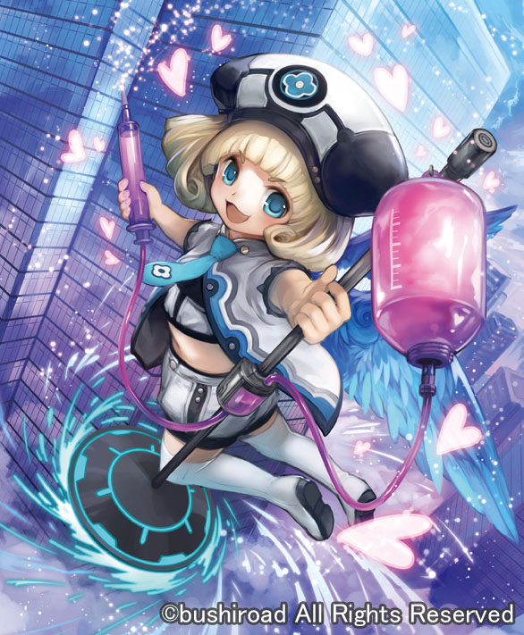 1girl blonde_hair blue_eyes boots building cardfight!!_vanguard child company_name curly_hair feathered_wings hat heart kawasumi_(japonica) necktie official_art open_mouth recovery_celestial_ramuel solo sparkle syringe wings