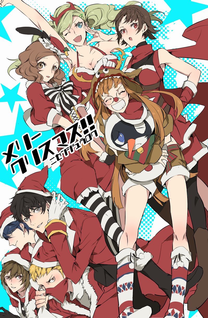 4girls akechi_gorou animal_costume antlers ayyataka bag black_hair blonde_hair blue_eyes blue_hair blush breasts brown_hair cat christmas demon_horns glasses hat highres horns hug kitagawa_yuusuke kurusu_akira long_hair mask morgana_(persona_5) multiple_boys multiple_girls niijima_makoto okumura_haru open_mouth orange_hair persona persona_5 reindeer_costume sakamoto_ryuuji sakura_futaba santa_costume santa_hat short_hair smile takamaki_anne