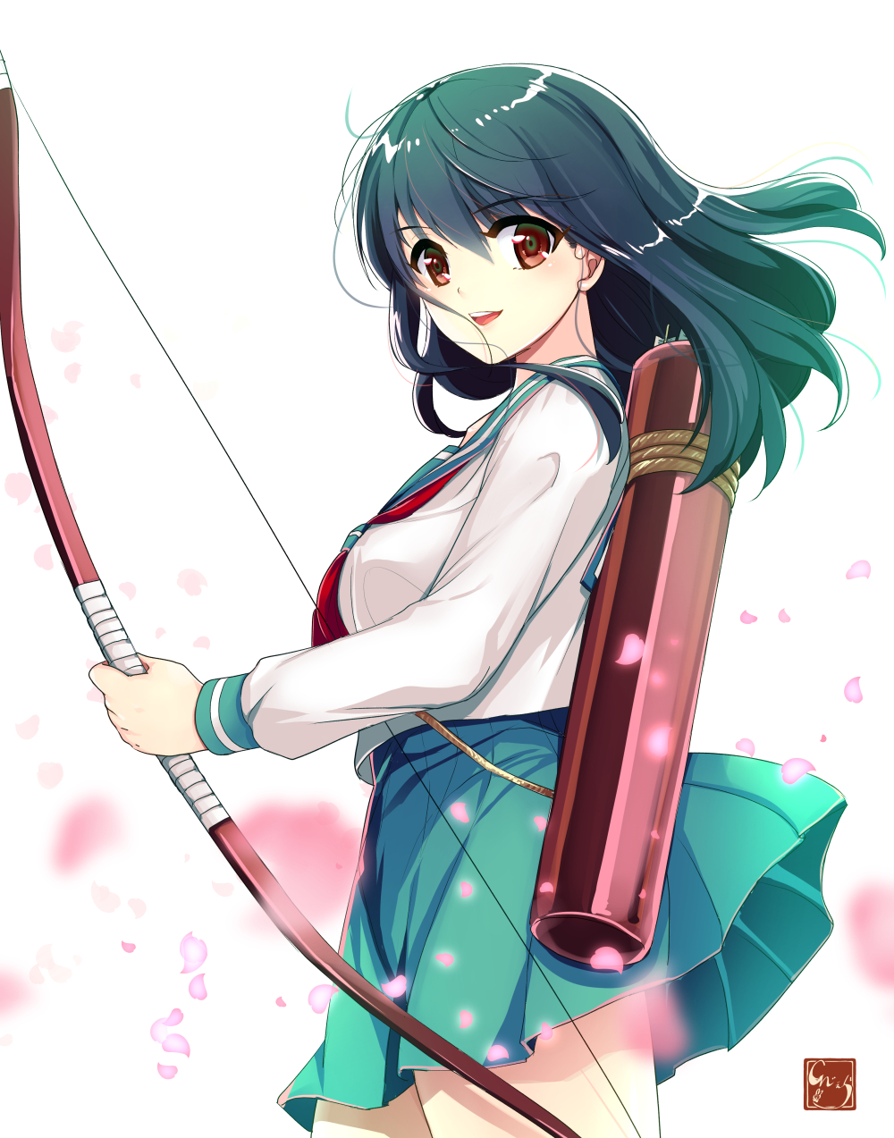 1girl an_jera arrow black_hair bow_(weapon) breasts cowboy_shot hair_between_eyes highres higurashi_kagome inuyasha long_hair long_sleeves looking_at_viewer open_mouth petals pleated_skirt quiver red_eyes sailor_collar school_uniform serafuku shirt skirt smile solo watermark weapon wind