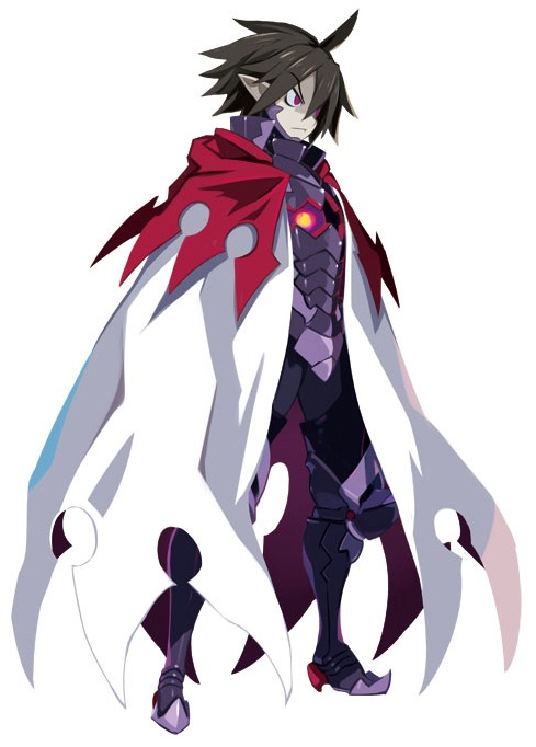 1boy ahoge armor black_hair boots cape closed_mouth dark_knight_(disgaea) disgaea frown full_armor full_body harada_takehito knee_boots looking_away makai_senki_disgaea_5 male_focus metal_boots official_art pale_skin pointy_ears purple_boots red_eyes solo standing white_cape
