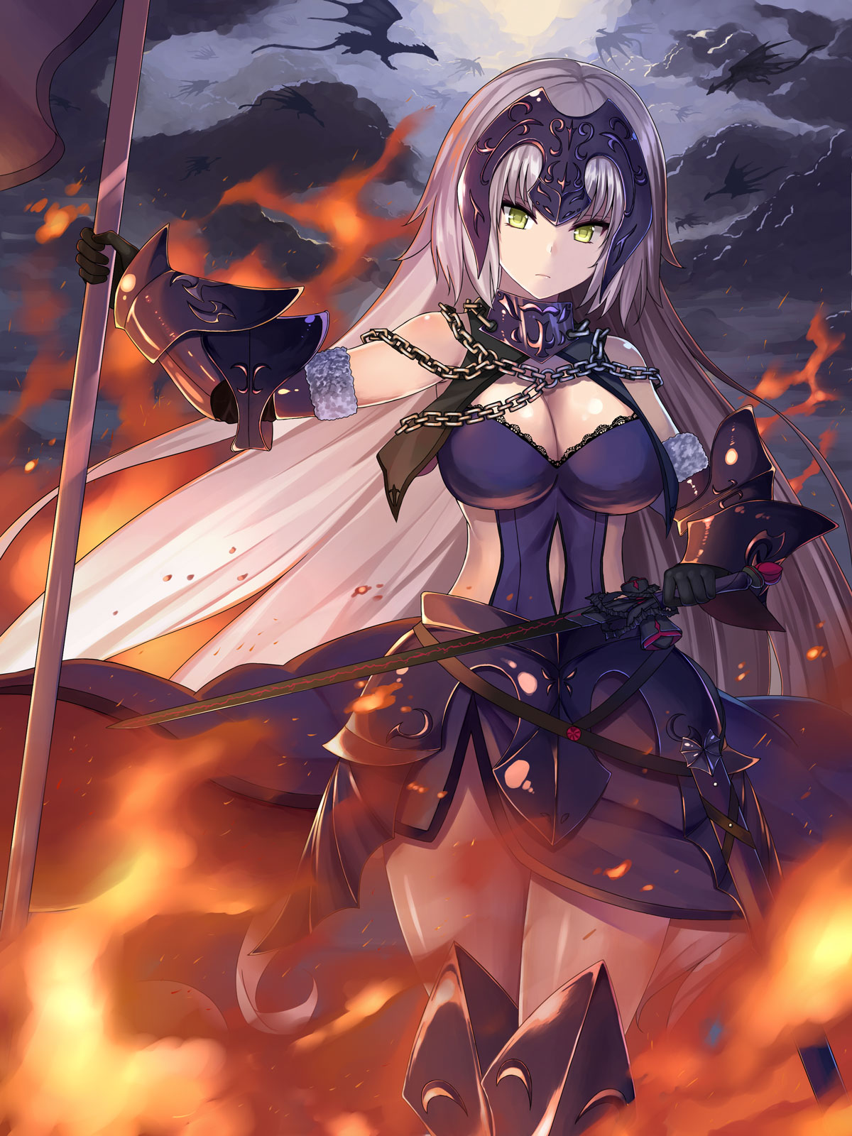 1girl asato_(fadeless) black_gloves breasts chains cleavage fate/grand_order fate_(series) flag gauntlets gloves greaves grey_hair helmet highres holding holding_sword holding_weapon jeanne_alter long_hair looking_at_viewer ruler_(fate/apocrypha) solo sword very_long_hair weapon yellow_eyes