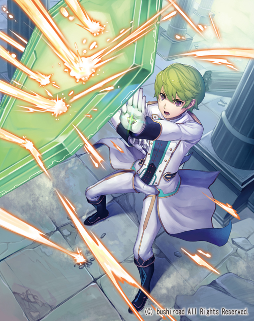 1boy boots cardfight!!_vanguard company_name emerald_shield_paschal gloves green_hair male_focus military military_uniform official_art open_mouth rock shield solo teeth terumii uniform violet_eyes