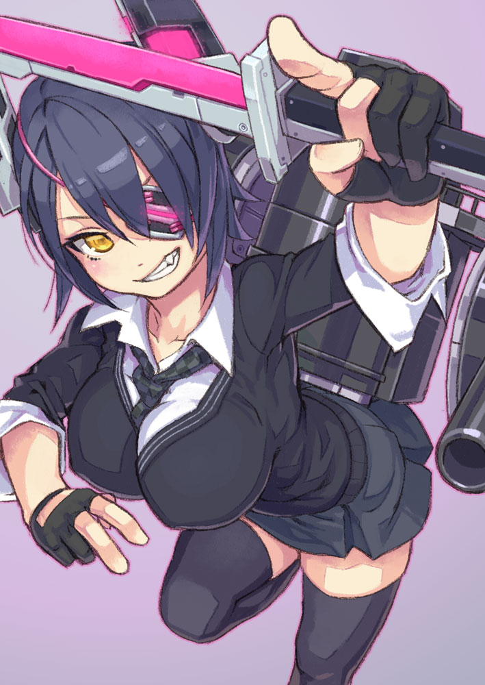 &gt;:) 1girl black_gloves black_hair black_skirt blush breasts checkered checkered_necktie cowboy_shot eyepatch gloves grin hair_between_eyes headgear holding holding_sword holding_weapon kantai_collection large_breasts leaning_forward leg_up looking_at_viewer machinery miniskirt necktie one_eye_covered partly_fingerless_gloves pointing pointing_at_viewer short_hair skirt smile sword tenryuu_(kantai_collection) tsurime turret weapon yellow_eyes yuuji_(and)