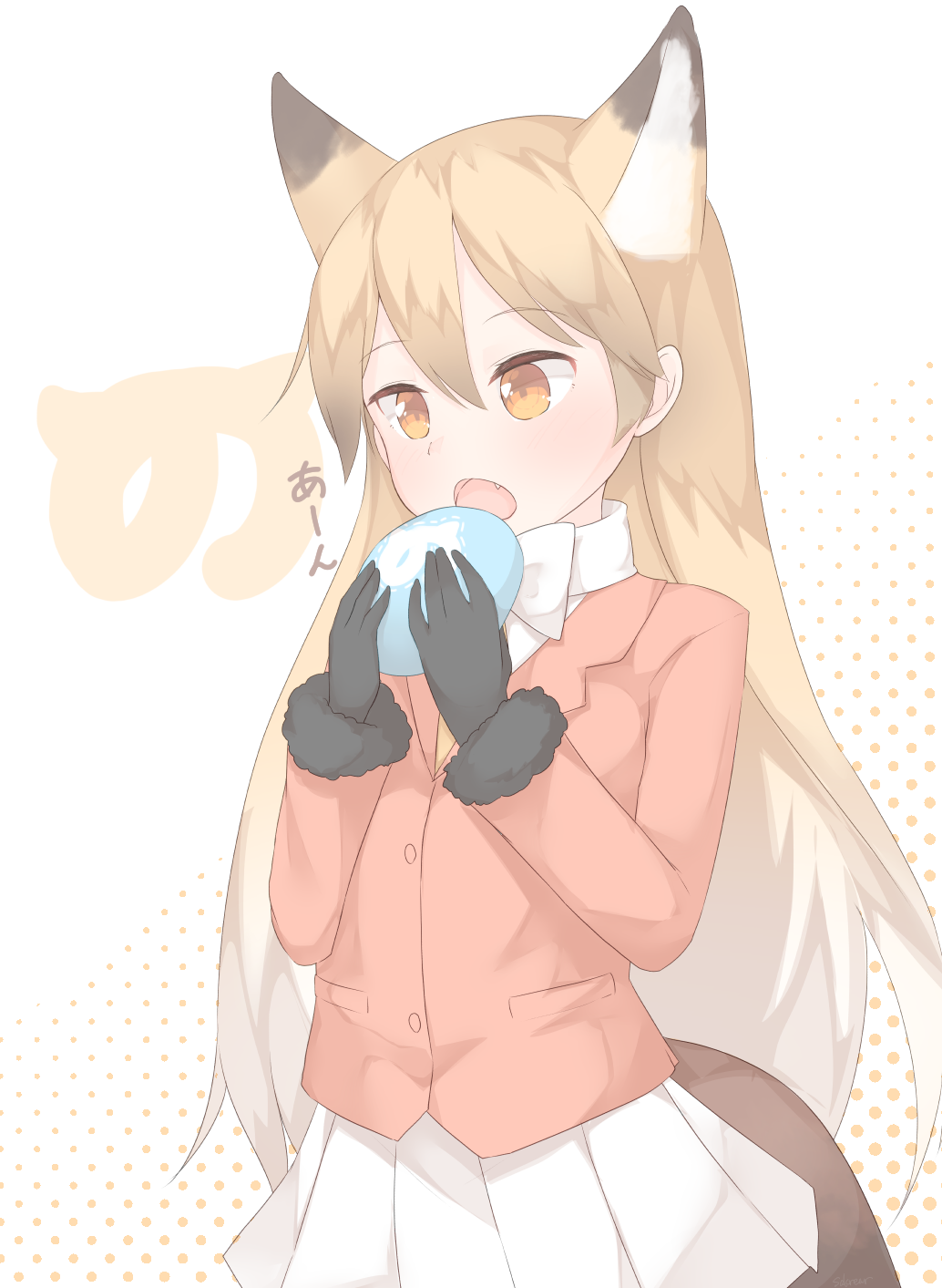 1girl animal_ears black_gloves blonde_hair bow bowtie cowboy_shot eating ezo_red_fox_(kemono_friends) food fox_ears fox_tail fur_trim gloves highres jacket japari_bun japari_symbol kemono_friends long_hair long_sleeves miniskirt orange_eyes pleated_skirt sakurea skirt solo tail white_bow white_bowtie white_skirt