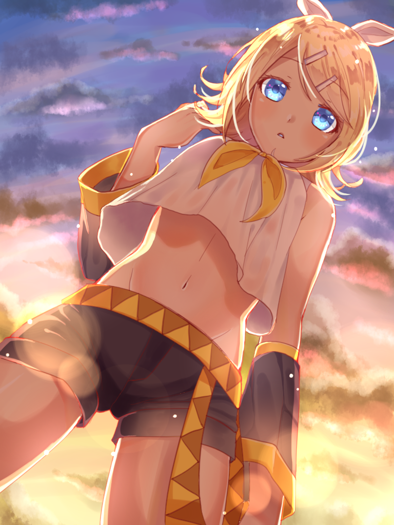 1girl blonde_hair blue_eyes chan100577 clouds cloudy_sky hair_ornament hair_ribbon hairclip kagamine_rin light_particles looking_at_viewer midriff navel outdoors ribbon sailor_collar shade short_hair shorts sky solo standing strap sunset thighs vocaloid