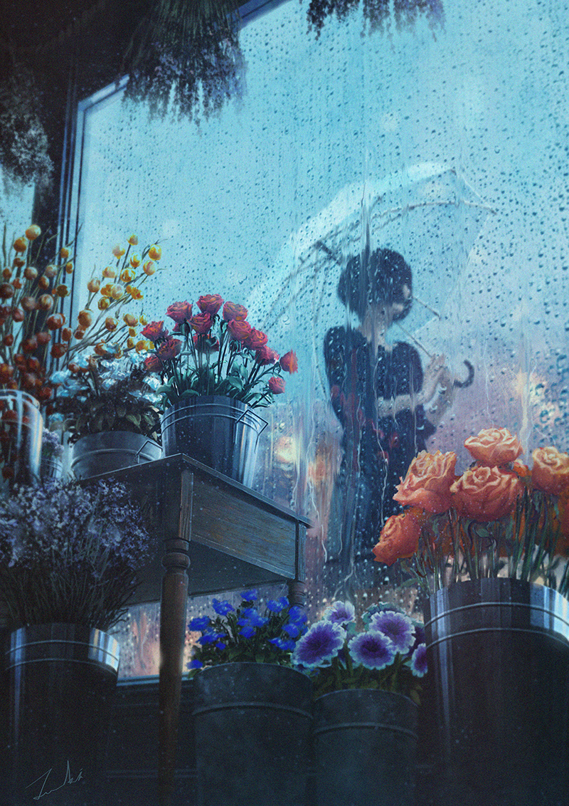 1girl black_hair blue_flower bucket desk faceless flower flower_request holding holding_umbrella orange_rose original outdoors plant potted_plant rain red_rose rose short_hair signature standing tamaki_(tamaki_illust) transparent_umbrella umbrella water window