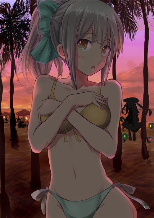 1girl beach bikini blush brown_eyes clouds covering covering_breasts crossed_arms dusk ichikawa_feesu kantai_collection looking_at_viewer navel palm_tree ponytail revision shinkaisei-kan side-tie_bikini silhouette silver_hair sky solo_focus sunset swimsuit tree wo-class_aircraft_carrier yuubari_(kantai_collection)