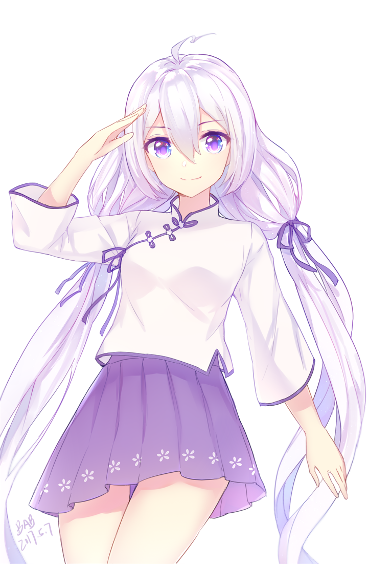 1girl arm_up artist_name babouo character_request copyright_request dated eyebrows_visible_through_hair hair_ribbon long_hair looking_at_viewer purple_ribbon purple_skirt ribbon signature skirt smile solo twintails violet_eyes white_hair