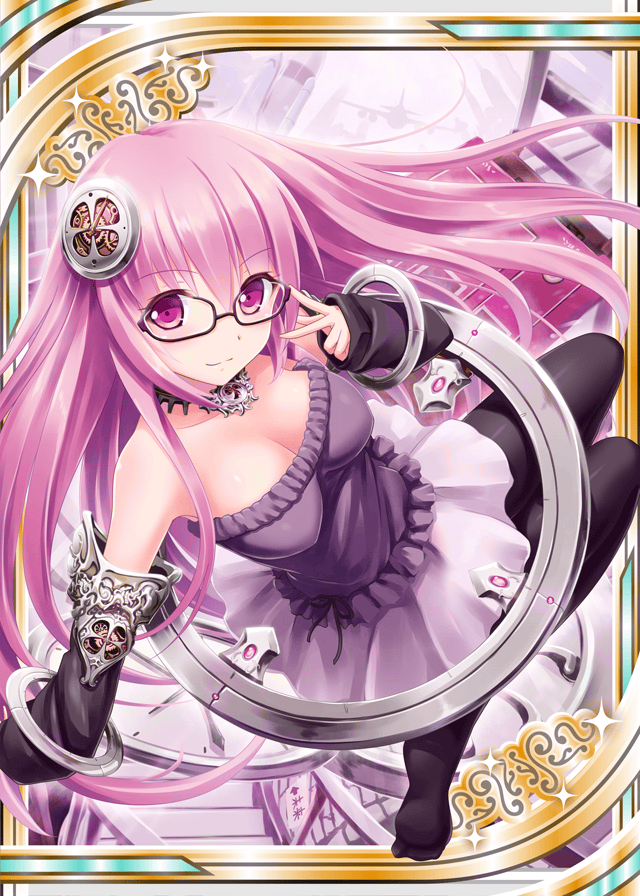 1girl aircraft airplane akkijin card dress gauntlets glasses hair_ornament hand_on_glasses hoop hula_hoop jewelry necklace pantyhose pink_dress pink_eyes pink_hair science_fiction shinkai_no_valkyrie smile solo space_craft