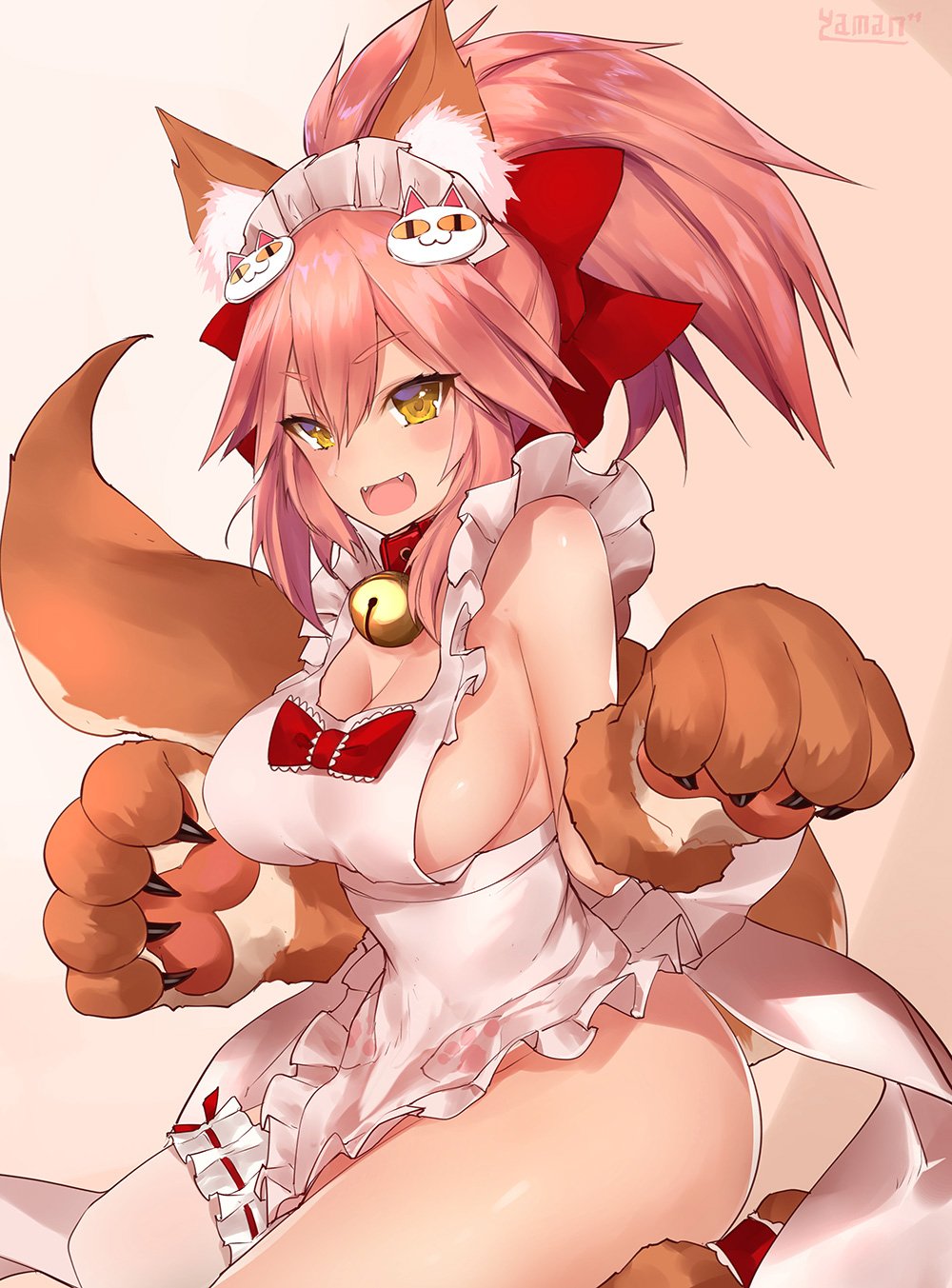 &gt;:d 1girl :d animal_ears apron artist_name bare_shoulders bell bell_collar blush bow breasts brown_gloves cat_hair_ornament cleavage collar fangs fate/grand_order fate_(series) fox_ears fox_tail frilled_apron frills gloves gradient gradient_background hair_ornament hair_ribbon highres jingle_bell kneeling large_breasts leg_garter long_hair looking_at_viewer maid_headdress naked_apron open_mouth paw_gloves paws pink_background pink_hair ponytail red_bow ribbon seiza sideboob sidelocks signature sitting smile solo tail tamamo_(fate)_(all) tamamo_cat_(fate) thighs tsurime white_apron yaman yellow_eyes