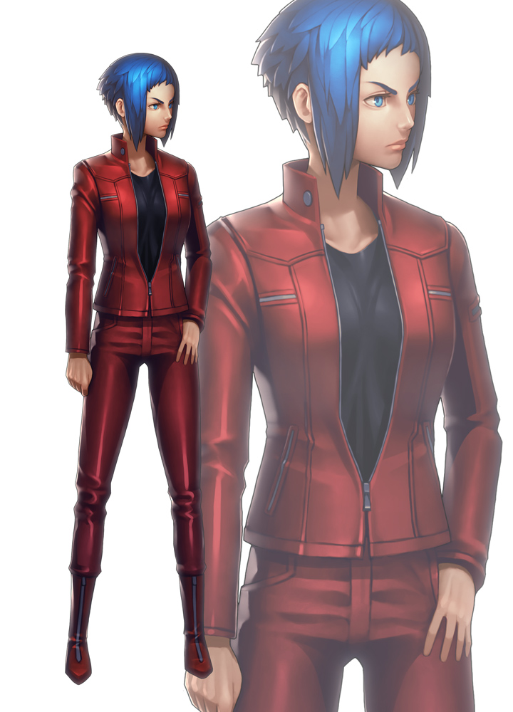 1girl blue_eyes blue_hair boots cyberpunk cyborg expressionless ghost_in_the_shell ghost_in_the_shell_arise ikegami_noroshi jacket kusanagi_motoko science_fiction