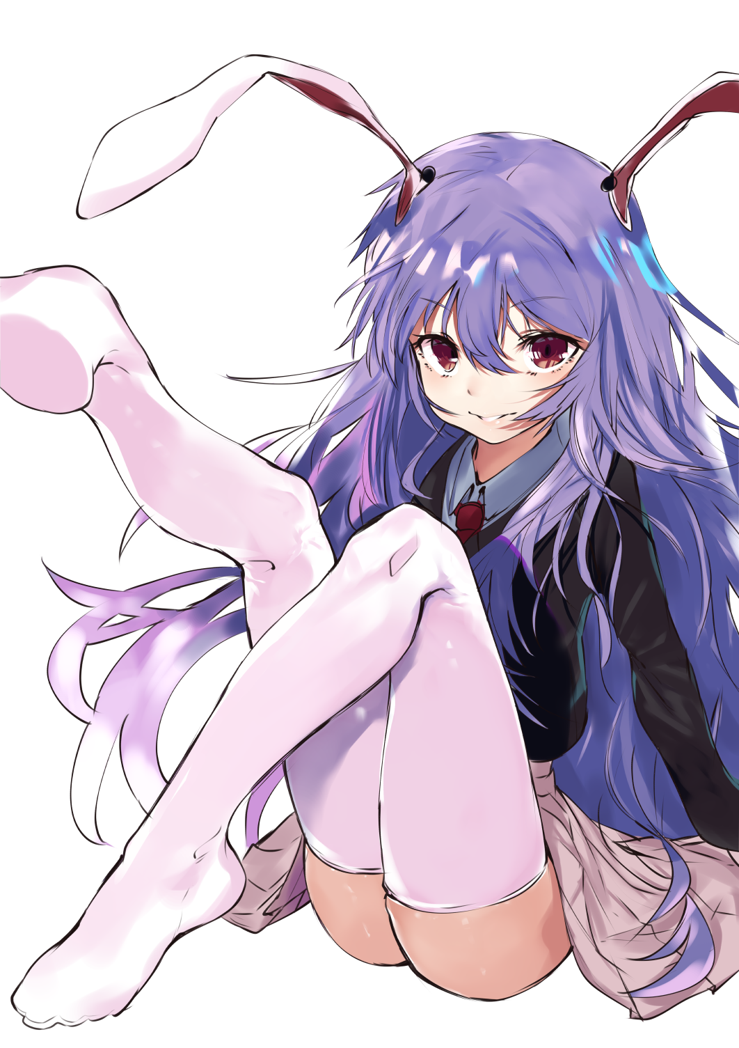 1girl animal_ears ass asuzemu bad_feet breasts bunny_girl eyelashes hair_between_eyes highres jacket lips long_hair long_sleeves looking_at_viewer necktie purple_hair rabbit_ears red_eyes reisen_udongein_inaba simple_background sitting skirt smile solo thigh-highs touhou white_background