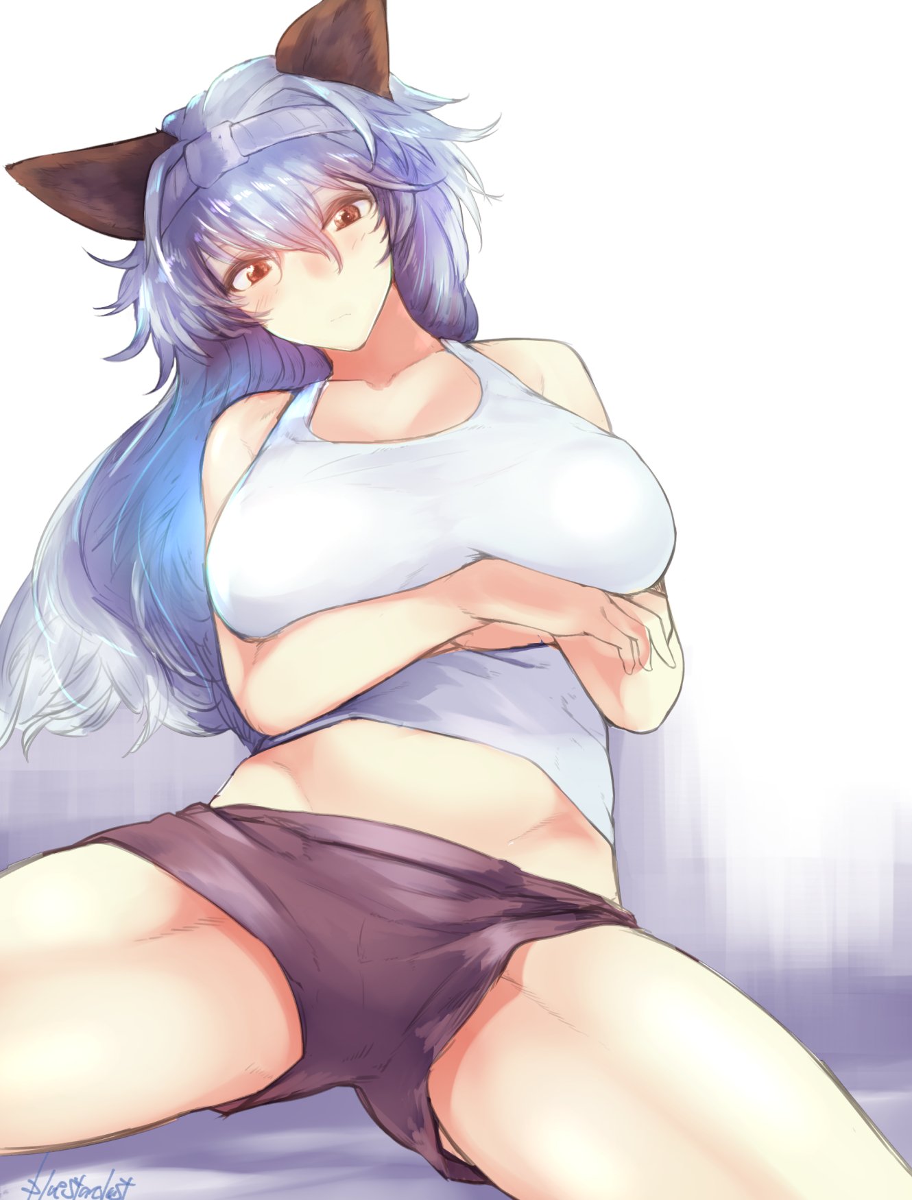 1girl animal_ears blue_hair breast_hold breasts brown_eyes casual erun_(granblue_fantasy) granblue_fantasy hair_between_eyes hairband head_tilt heles highres kojima_(blue_stardust) large_breasts long_hair short_shorts shorts simple_background solo spread_legs tank_top