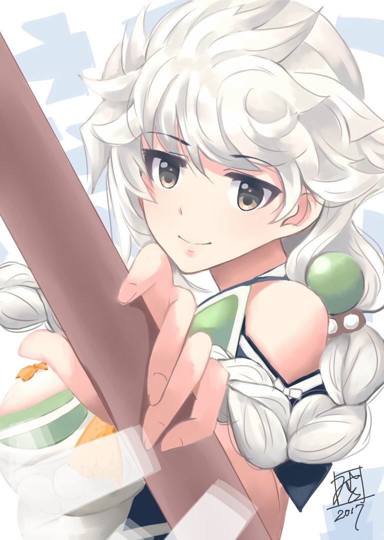 asymmetrical_hair braid breasts cloud_print commentary_request eyebrows_visible_through_hair hair_ornament holding holding_staff jewelry jitome kantai_collection large_breasts looking_at_viewer looking_to_the_side mistrail shikigami shoulder_cutout signature silver_hair single_braid smile staff tassel unryuu_(kantai_collection) white_background yellow_eyes
