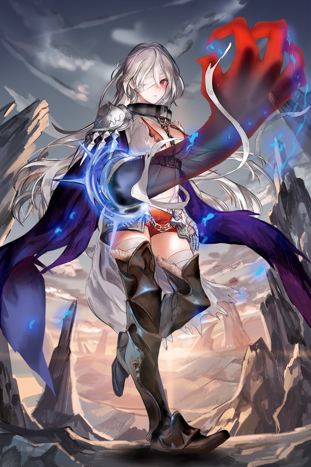 1girl artist_request bandage_over_one_eye bandaged_arm black_legwear breasts chains collar false_arm greaves highres large_breasts long_hair looking_at_viewer navel outdoors pauldrons red_eyes sentia_(valkyrie_connect) short_shorts shorts silver_hair solo thigh-highs valkyrie_connect very_long_hair