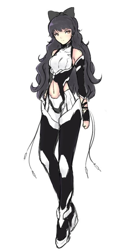 1girl alternate_costume black_hair blake_belladonna bow cat_with_a_brush curly_hair embellished_costume hair_bow looking_at_viewer rwby simple_background solo white_background