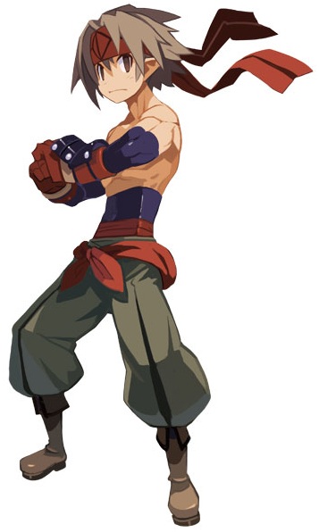 1boy boots brown_eyes brown_hair disgaea full_body gloves harada_takehito headband looking_at_viewer male_focus male_warrior_(disgaea) muscle official_art pants pointy_ears red_headband shirtless solo standing white_background