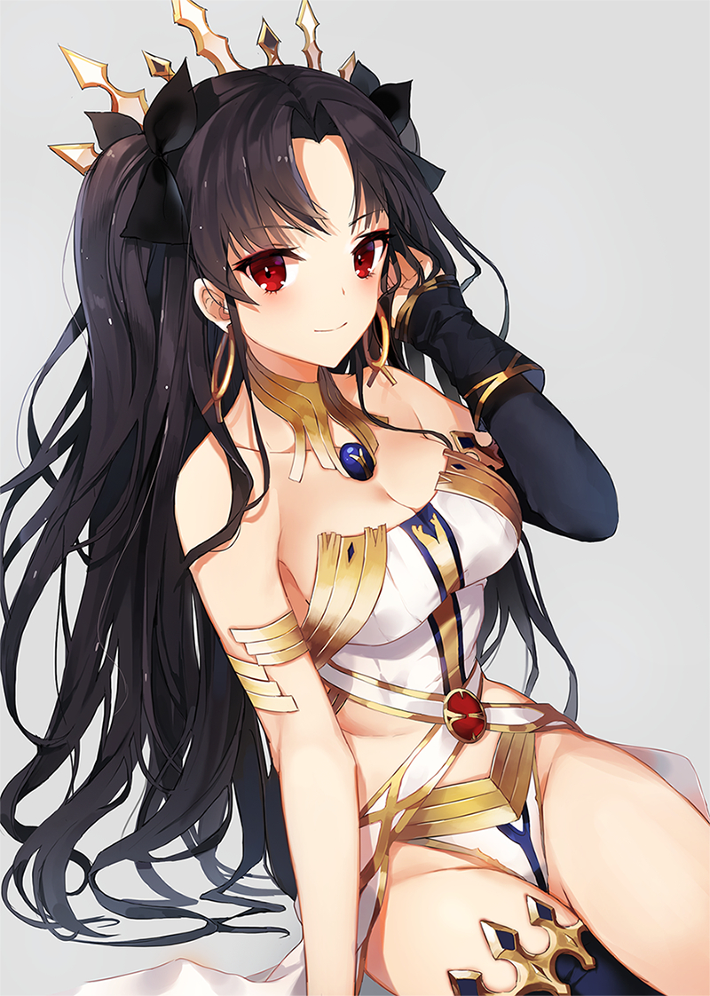 bare_shoulders black_hair blush circlet fate/grand_order fate_(series) ishtar_(fate/grand_order) long_hair red_eyes smile