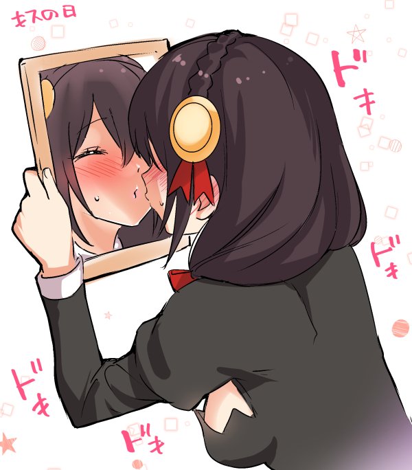 1girl black_hair blush bow braiding_hair breasts closed_eyes eyebrows_visible_through_hair hair_ornament hairdressing holding_mirror kiss kiss_day kono_subarashii_sekai_ni_shukufuku_wo! long_hair long_sleeves mirror misu_kasumi red_bow solo sweatdrop yunyun_(konosuba)