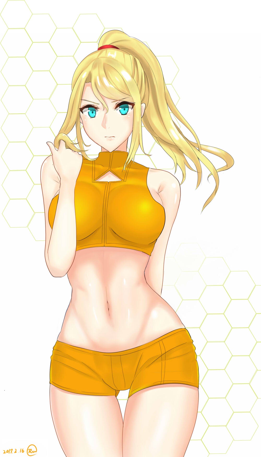 1girl 2017 arm arm_behind_back bare_arms bare_legs bare_shoulders blonde_hair blue_eyes blush breasts closed_mouth cutout dated female hair_between_eyes hair_grab hexagon highres honeycomb_background large_breasts legs long_hair looking_at_viewer metroid midriff mole mole_under_mouth navel nintendo orange_clothes orange_shorts ponytail ru_(16857772) samus_aran serious shiny shiny_hair short_shorts shorts simple_background sleeveless sleeveless_turtleneck solo standing turtleneck
