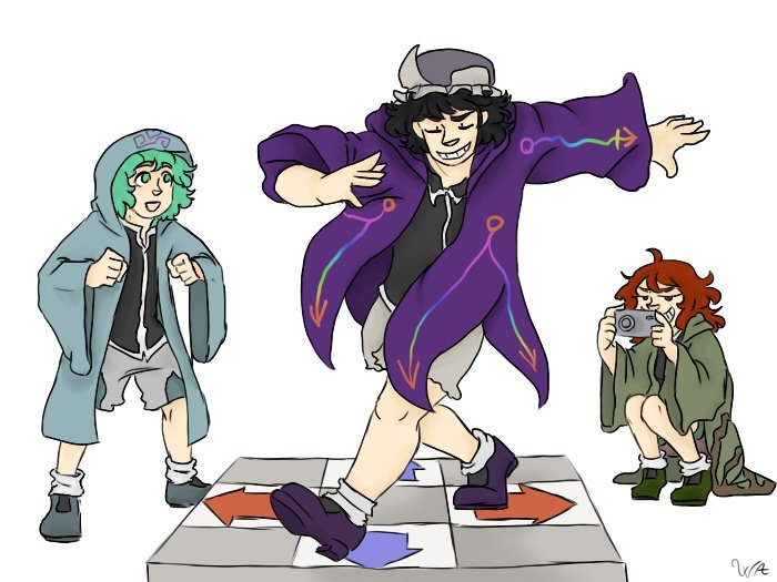 androgynous black camera cheering dance_dance_revolution eyes frilled_hat green hair hood hooded_jacket hoodie len'en playing_games red_eyes redhead shitodo_aoji shitodo_hooaka shitodo_kuroji shorts siblings simple_background tagme triangular_headpiece troll_face wodkanna