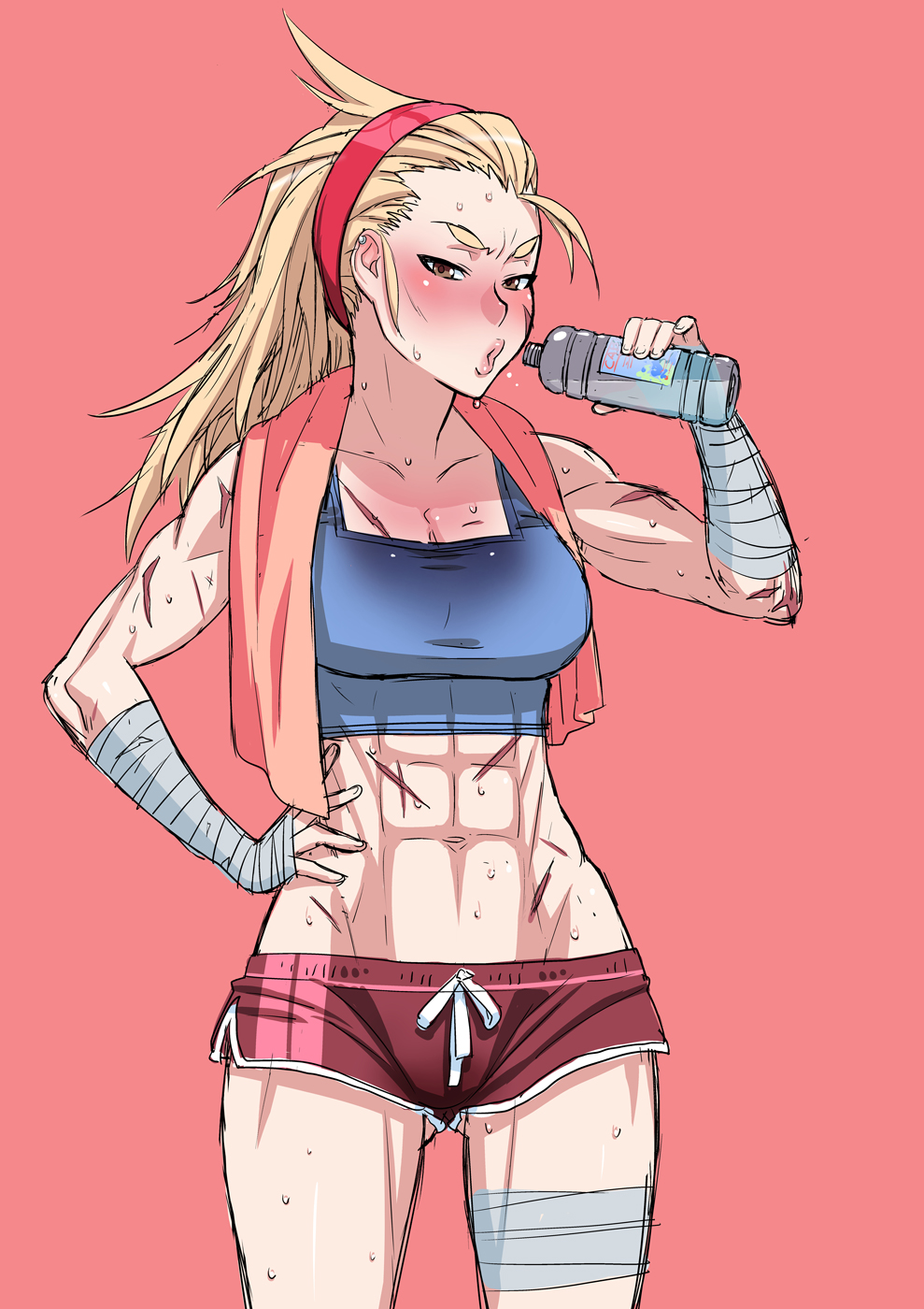 1girl abs bandage bandaged_arm bandaged_leg blonde_hair bottle brown_eyes drinking hairband highres kjech midriff navel osoro_shidesu scar scar_on_cheek short_shorts shorts sports_bra sweat towel water water_bottle yandere_simulator